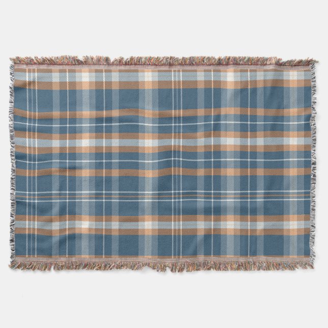 Blue, cream and orange plaid design throw blanket (Front)