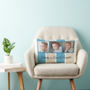 Blue cream and white photo collage family striped lumbar pillow