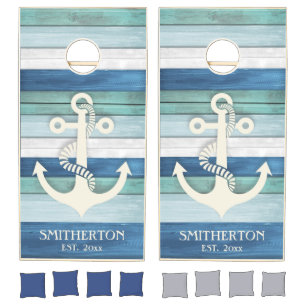 Blue Cream Beach Distressed Wood Nautical Anchor Cornhole Set