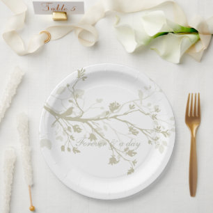Blue Cream Bird Branches Floral Wedding Paper Plates