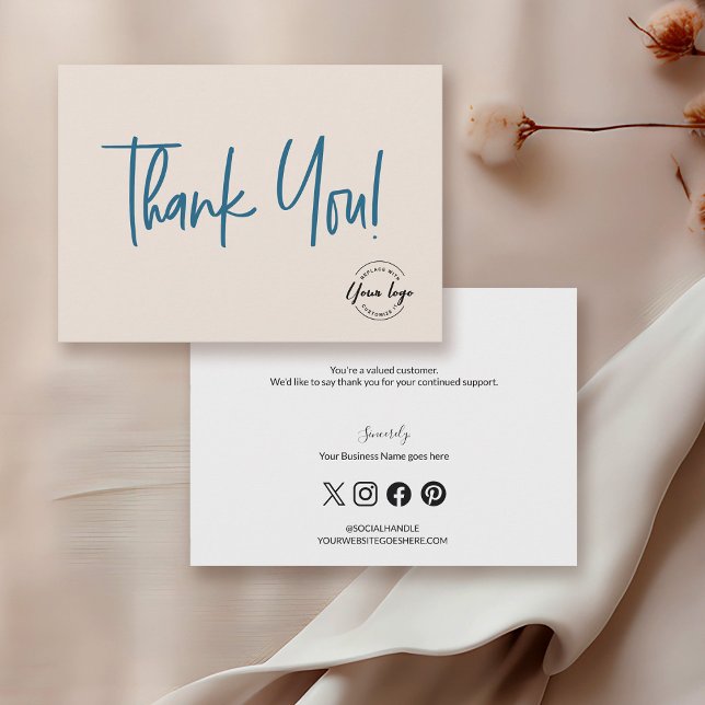 Blue cream black Company Logo Social Thank You  Card (Custom Cream and Blue small business thank you for your business card with social media icons.)