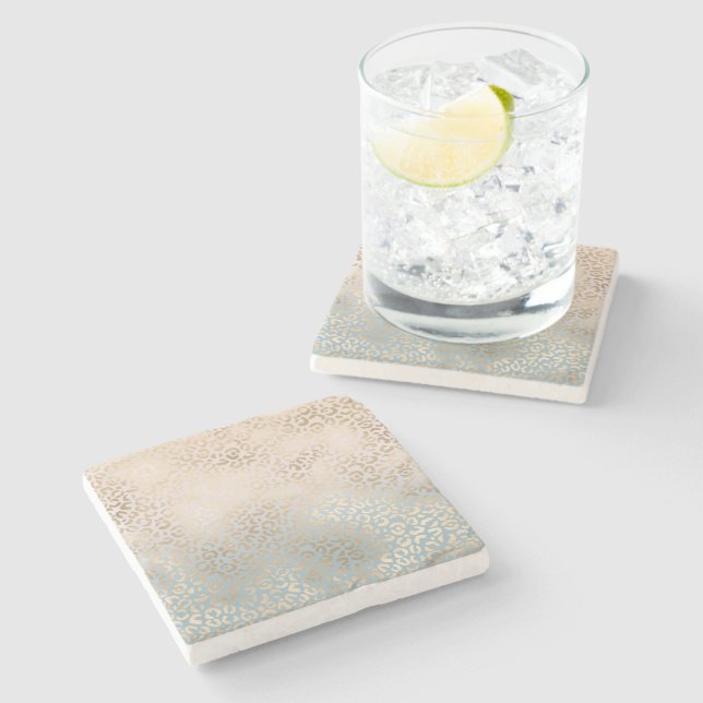 Blue Cream Blush Gold Ombre Leopard Print Stone Coaster (Side)