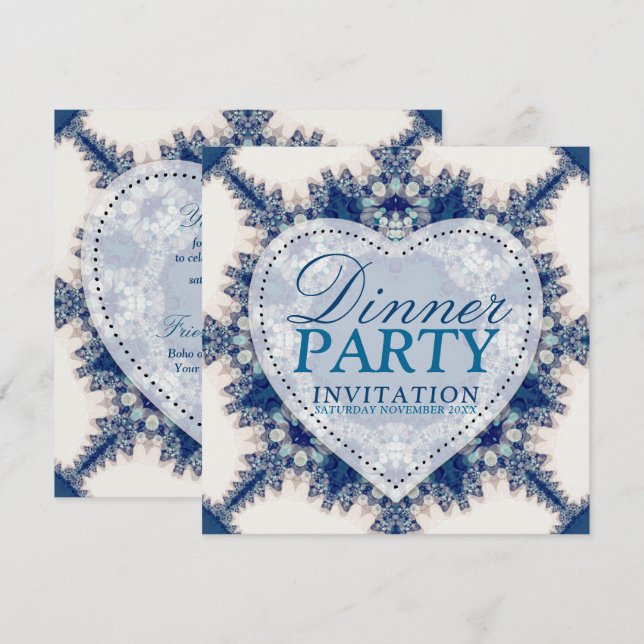 Blue & Cream Boho Chic Country Dinner Party Invitation (Front/Back)