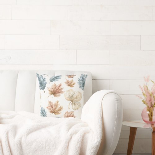 Blue Cream Brown Leaves Throw Pillow