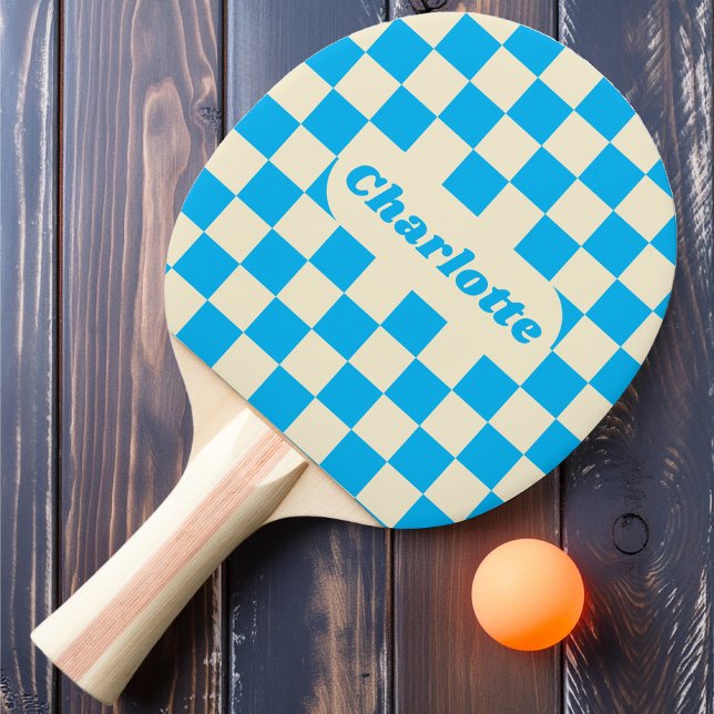 Blue & Cream Checker with Name Ping Pong Paddle (Creator Uploaded)