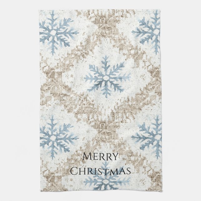 Blue Cream Christmas Snowflakes Kitchen Towel (Vertical)