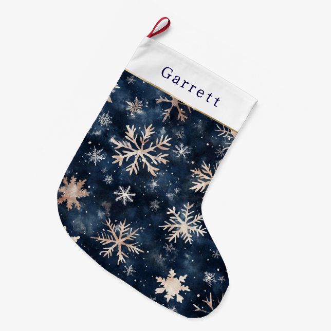 Blue Cream Christmas Snowflakes Large Christmas Stocking (Front (Hanging))