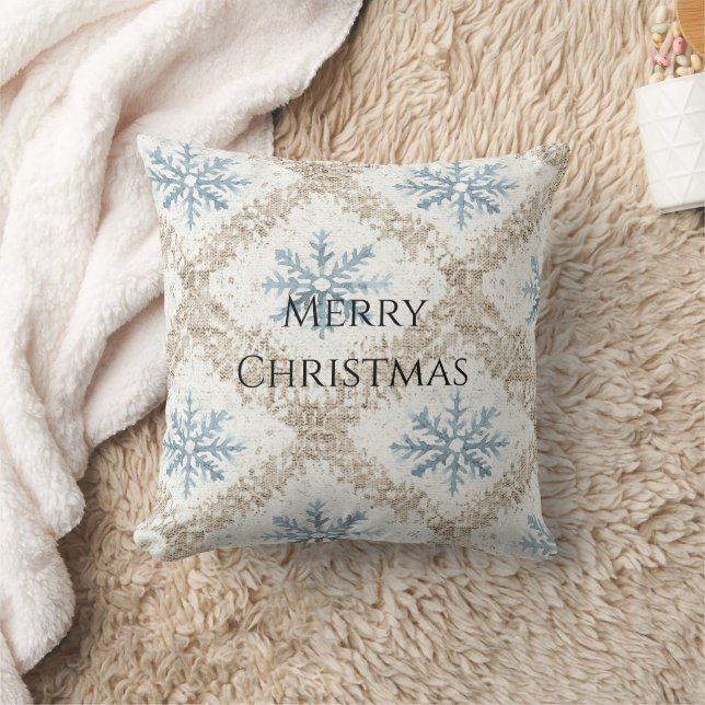 Blue Cream Christmas Snowflakes Throw Pillow (Blanket)