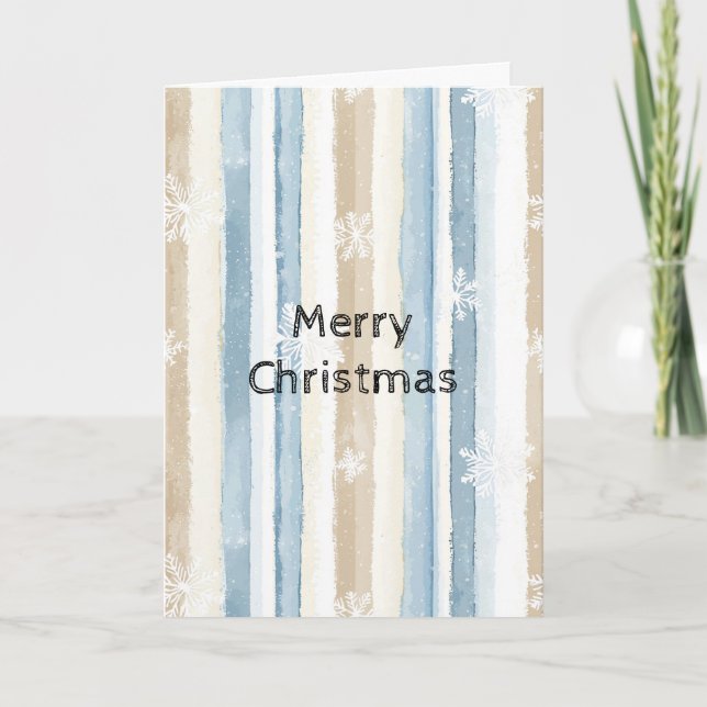 Blue Cream Christmas Stripes Snowflakes Card (Front)