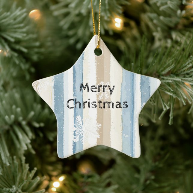 Blue Cream Christmas Stripes Snowflakes Ceramic Ornament (Tree)
