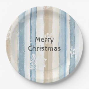 Blue Cream Christmas Stripes Snowflakes Paper Plates
