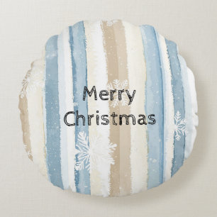 Blue Cream Christmas Stripes Snowflakes Round Pillow