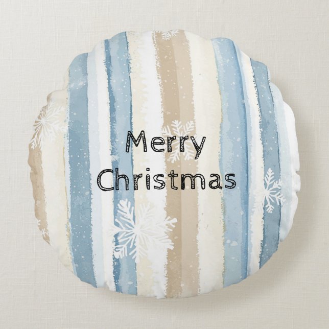 Blue Cream Christmas Stripes Snowflakes Round Pillow (Front)