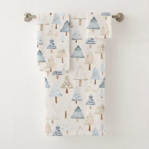 Blue Cream Cozy Christmas Trees Bath Towel Set