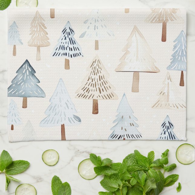 Blue Cream Cozy Christmas Trees Kitchen Towel (Folded)