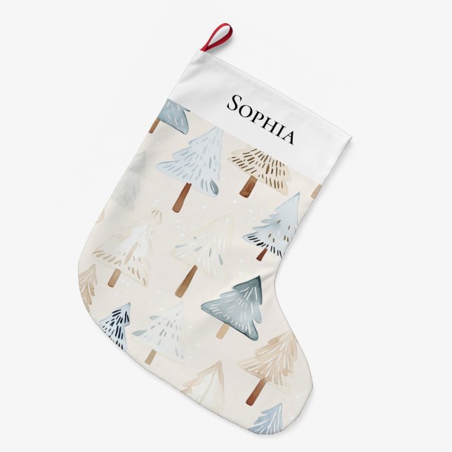 Blue Cream Cozy Christmas Trees Large Christmas Stocking (Front (Hanging))