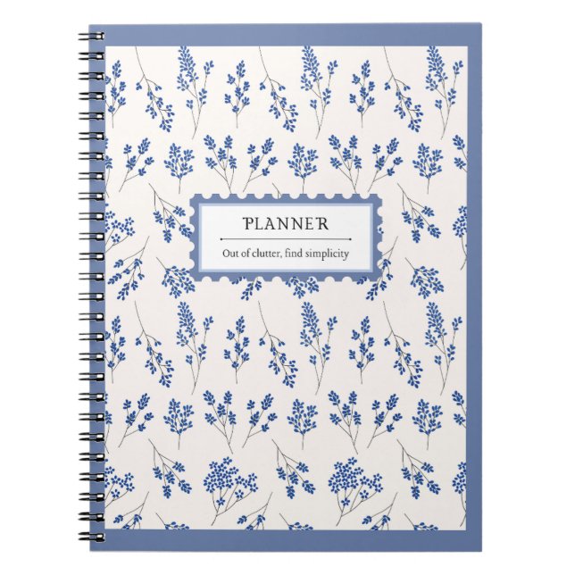 Blue Cream Elegant Floral Pattern Planner Organize Notebook (Front)