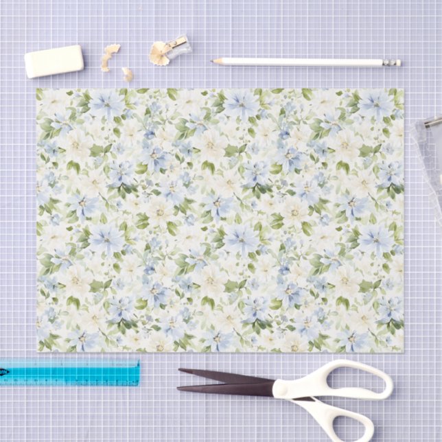 Blue Cream Floral Bridal Shower Tissue Paper (Craft)