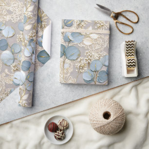 Blue Cream Floral Gold Elegant  Wrapping Paper