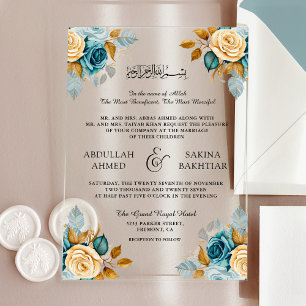 Blue Cream Floral Gold Muslim Wedding Acrylic Invitations