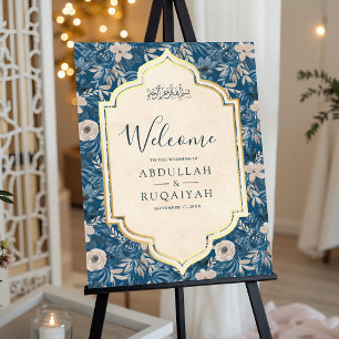 Blue Cream Floral Gold Muslim Wedding Welcome Sign