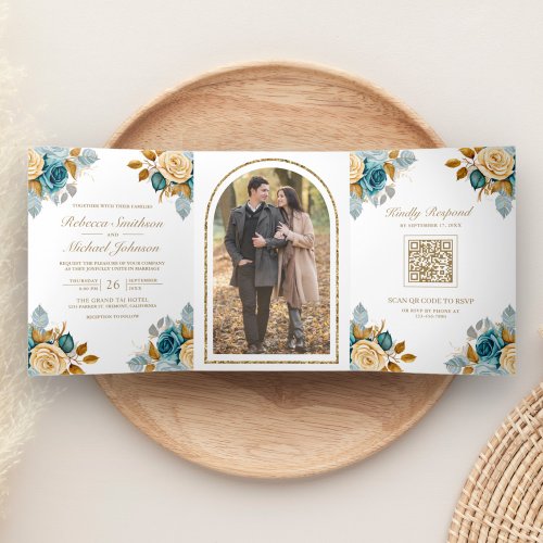 Blue Cream Floral Gold QR Code Photo Wedding Tri_Fold Invitation