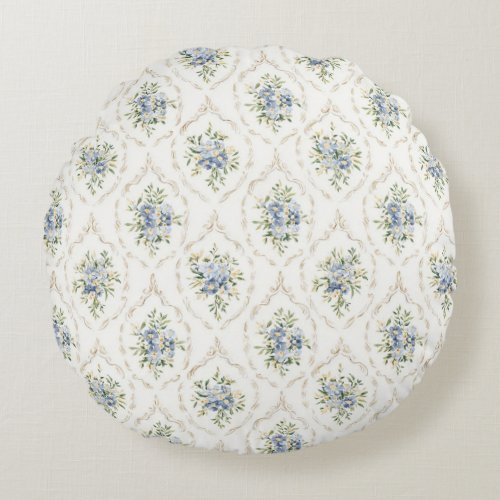 Blue Cream Floral Handwriting Round Pillow