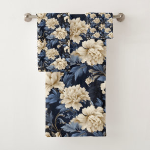Blue Cream Floral Modern Bath Towel Set