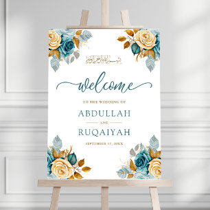 Blue Cream Floral Muslim Wedding Welcome Sign