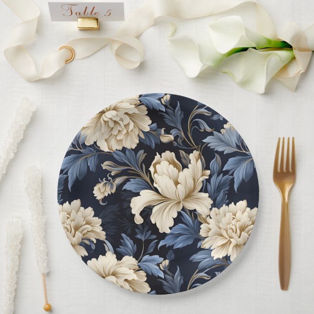 Blue & Cream Floral Peony Paper Plates (Wedding)