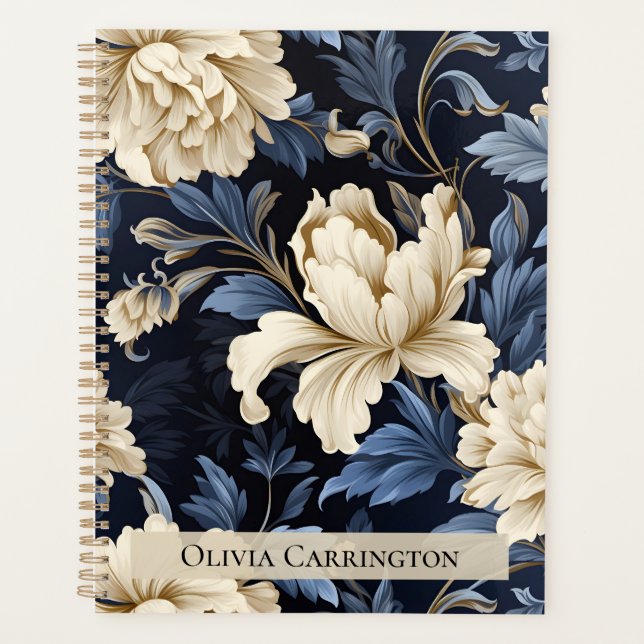 Blue Cream Floral Peony Pattern Personalized Planner (Front)