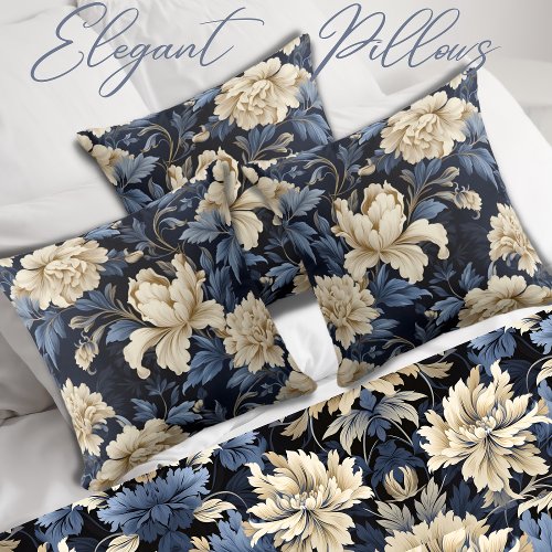 Blue Cream Floral Peony Throw Pillow