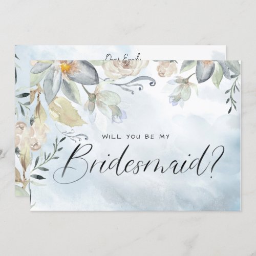 Blue  Cream Floral Watercolor Script Bridesmaid Invitation