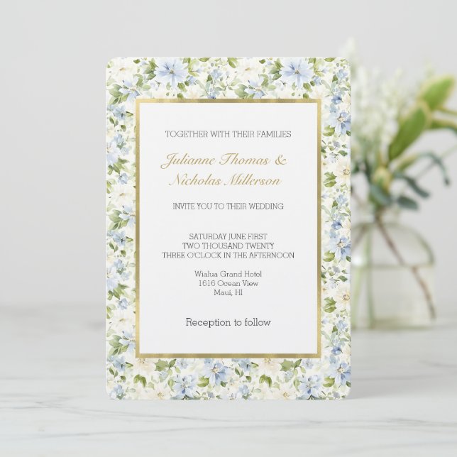 Blue Cream Floral Wedding Invitation (Standing Front)