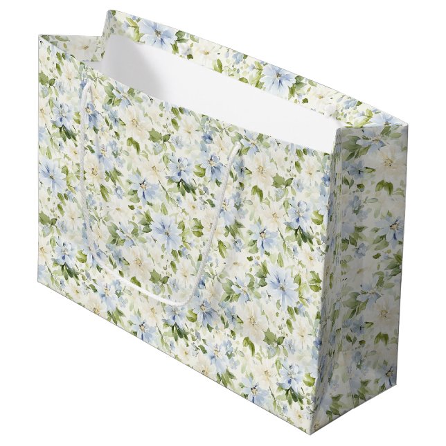 Blue Cream Floral Wedding Large Gift Bag (Front Angled)