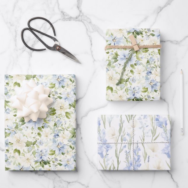 Blue Cream Floral Wedding Wrapping Paper Sheets (Front)