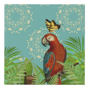 Blue Cream Flower Mandala, Parrot and Butterfly   Faux Canvas Print