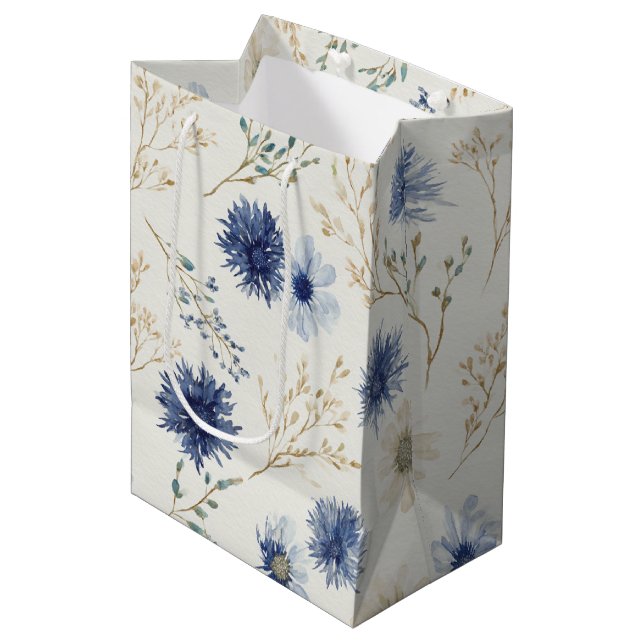 Blue Cream Flowers Bridal Shower Medium Gift Bag (Front Angled)