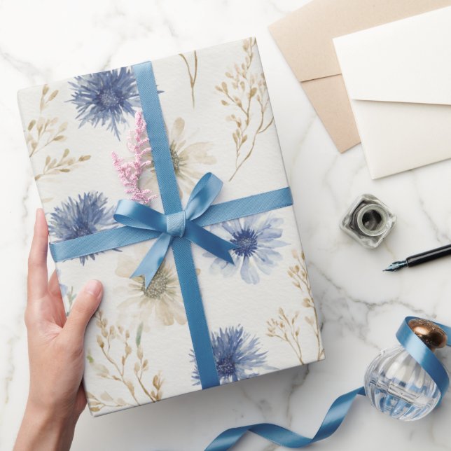 Blue Cream Flowers Bridal Shower Wrapping Paper (Gifting)