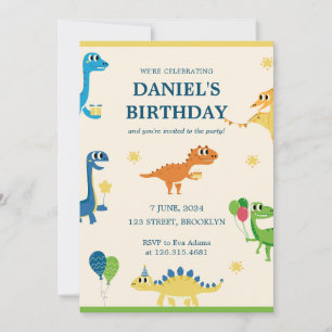 Blue Cream Fun Children's Dinosaur Birthday Party Invitation