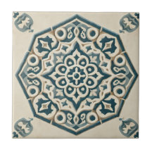Blue & Cream Geometric Pattern Ceramic Tile