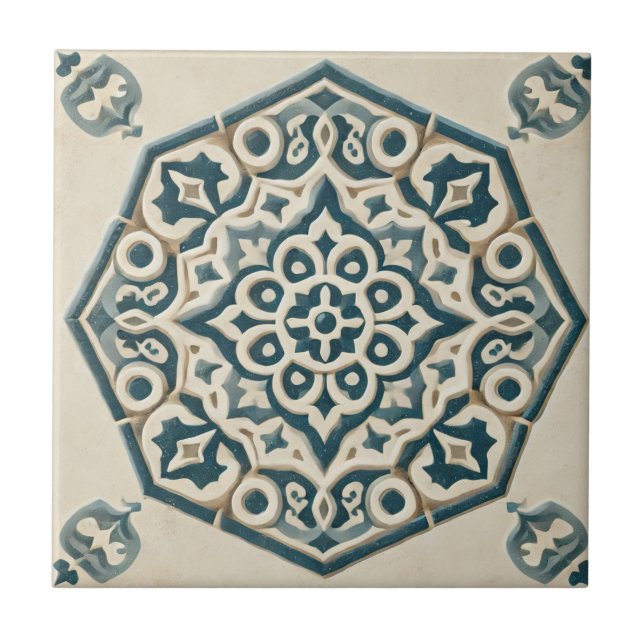Blue & Cream Geometric Pattern Ceramic Tile (Front)