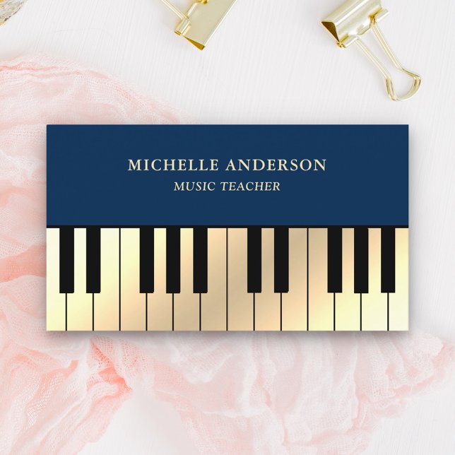 Blue Cream Gold Piano Keyboard Teacher Pianist Business Card (Creator Uploaded)