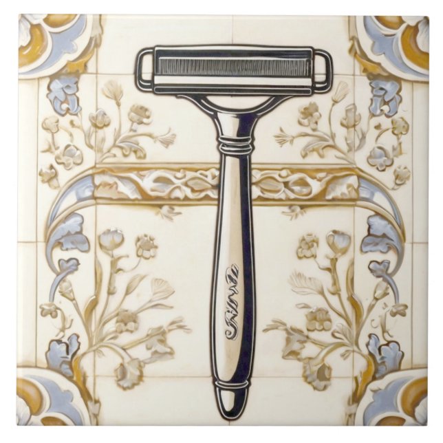 Blue Cream & Gold Shaving Razor Shaver Bathroom Ceramic Tile (Front)