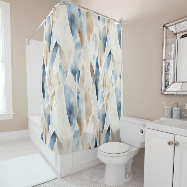 Blue Cream Ivory Abstract Beach  Shower Curtain (In Situ)