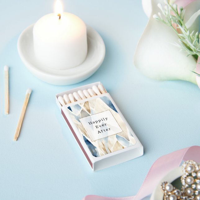 Blue Cream Ivory Abstract Beach Wedding Matchboxes (Insitu)
