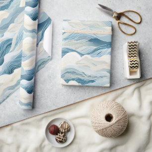 Blue Cream Ivory Abstract Ocean Beach Wrapping Paper