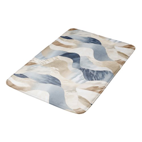 Blue Cream Ivory Abstract Waves Beach  Bath Mat