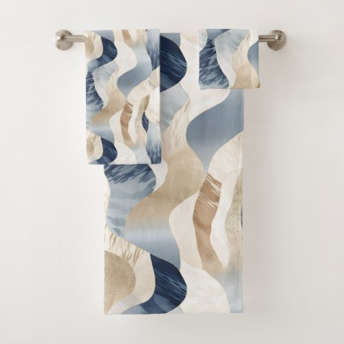 Blue Cream Ivory Abstract Waves Beach  Bath Towel Set