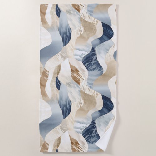 Blue Cream Ivory Abstract Waves Beach  Beach Towel